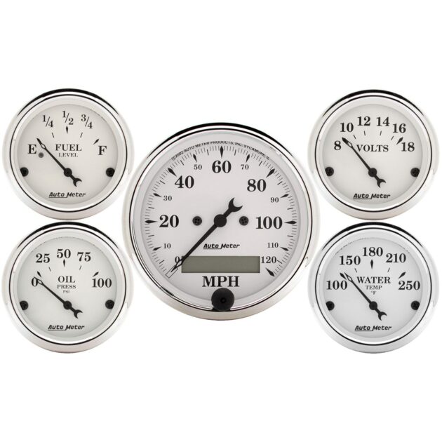 5 PC. GAUGE KIT, 3-1/8 in. & 2-1/16 in. , ELEC. SPEEDOMETER, OLD TYME WHITE