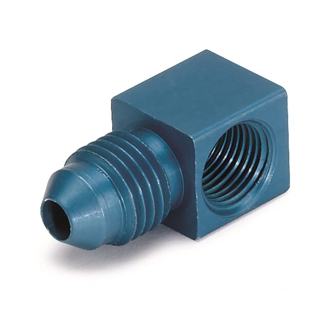 FITTING, ADAPTER, 90 , 1/8 in. NPTF FEMALE TO -4AN MALE, ALUMINUM, BLUE ANODIZED