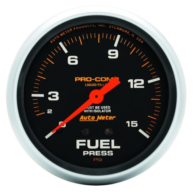 2-5/8 in. FUEL PRESSURE W/ ISOLATOR, 0-15 PSI, LIQUID FILLED, PRO-COMP