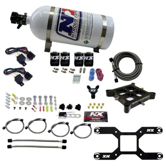 Nitrous Express 4150 DUAL STAGE BILLET CROSSBAR, (50-300 & 100-500HP) WITH 10LB BOTTLE.