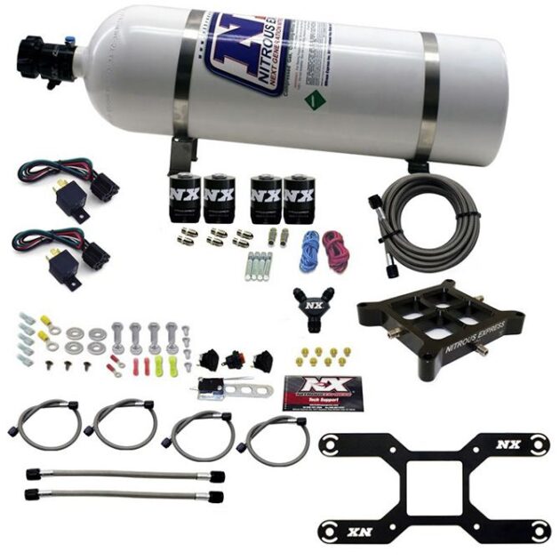 Nitrous Express 4150 DUAL STAGE BILLET CROSSBAR, (50-300 & 100-500HP) WITH 15LB BOTTLE.