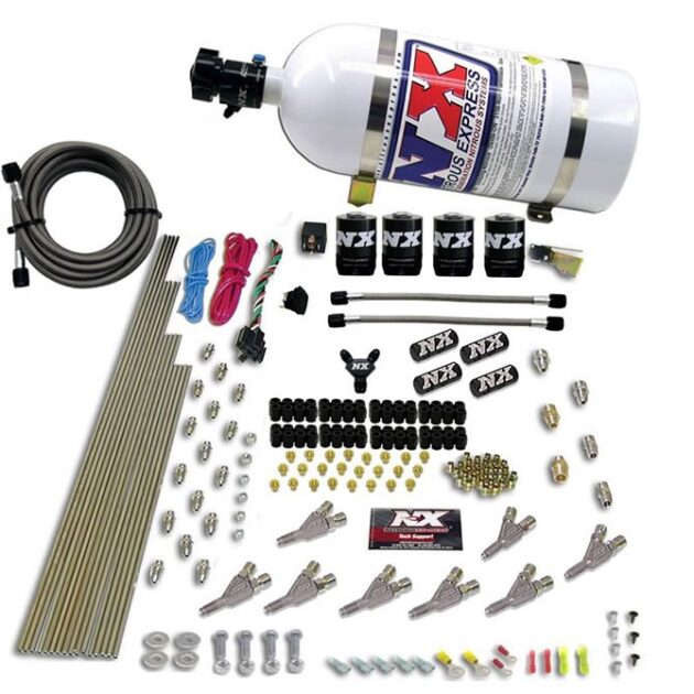 Nitrous Express STD NOZZLE SYSTEM (200-500HP) GAS W/ DIST. BLOCK & 4 SOLENOIDS WITH 10LB BOTTLE