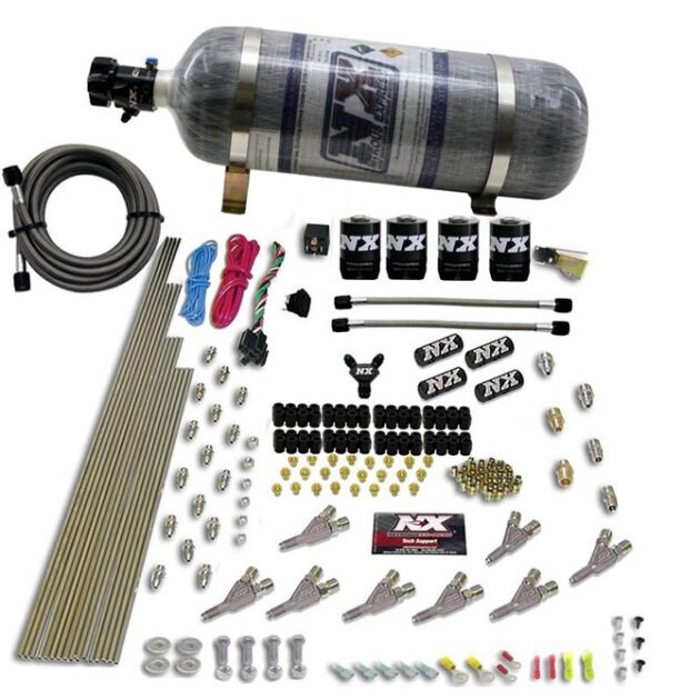 Nitrous Express STD NOZZLE SYSTEM (200-500HP) GAS W /DIST. BLOCK & 4 SOLENOIDS WITH 15LB BOTTLE