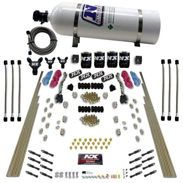 Nitrous Express 8 CYL DRY DIRECT PORT, DUAL STAGE, 4 SOLENOIDS, (200-600HP) WITH 15LB BOTTLE