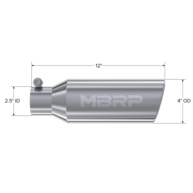 MBRP Exhaust 4in. OD; 2.5in. inlet; 12in. in length; Angled cut Rolled End; Clampless-no weld T304