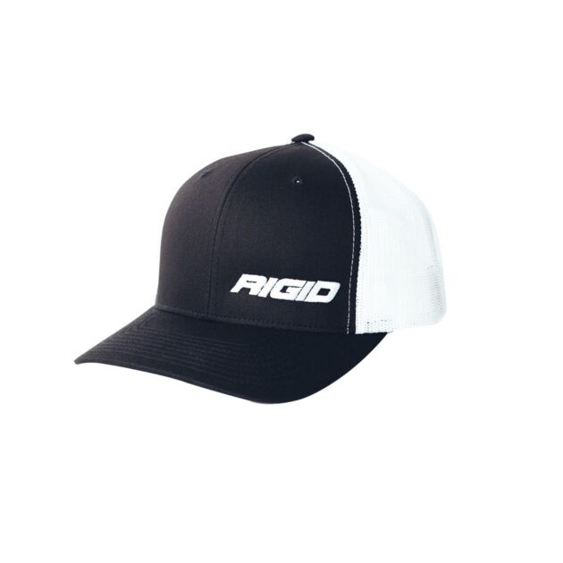 RIGID Retro Trucker Hat With Offset Logo, Black Front, White Mesh Snapback