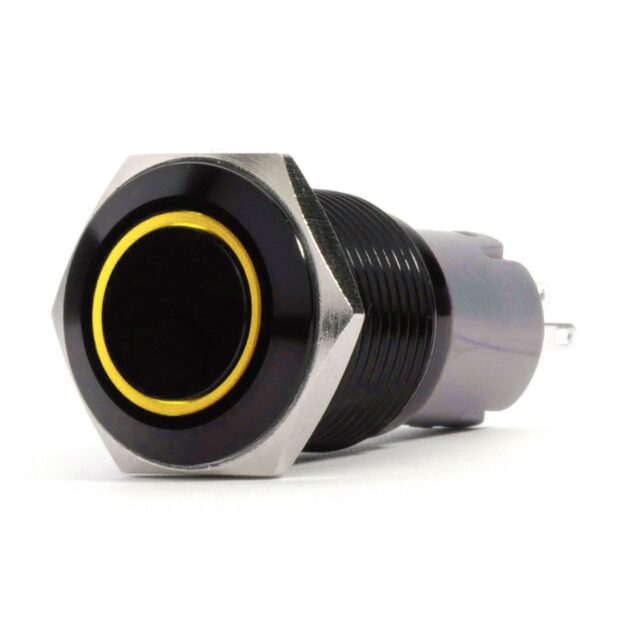 19mm 2-Position 12V On/Off Pre-Wired Switch with YELLOW LED and Black Flush Mount Finish Race Sport Lighting