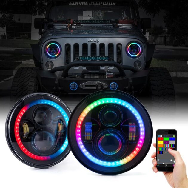 Chasing Version - Jeep Wrangler 7in Headlight and 4in Foglight ColorSMART Combo Complete RGB Multi-Color kit  - Smartphone Controlled with (2) Headlights and (2) Foglights