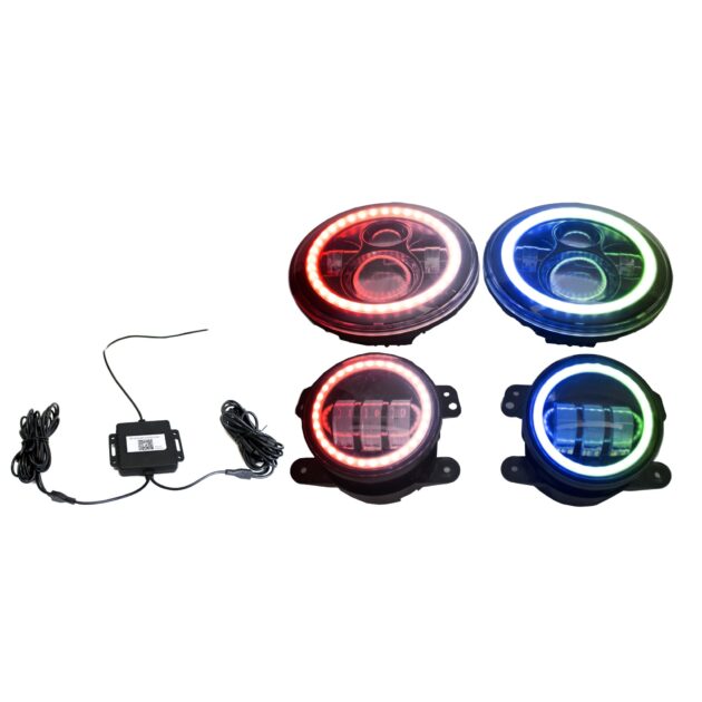 Chasing Version - Jeep Wrangler 7in Headlight and 4in Foglight ColorSMART Combo Complete RGB Multi-Color kit  - Smartphone Controlled with (2) Headlights and (2) Foglights