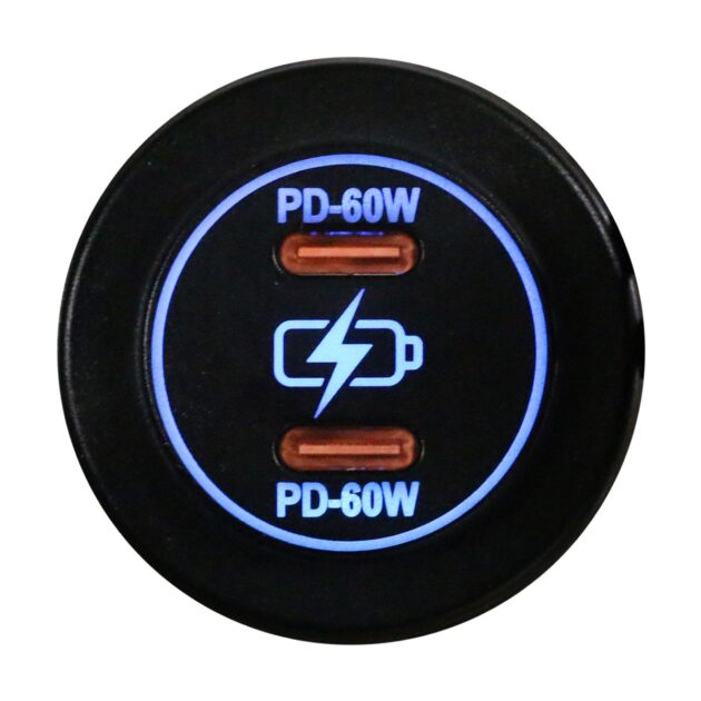 Round Socket Auxiliary Charging Port with Dual C-Type PD 60W Outputs Blue Indigo LED and Cover Race Sport Lighting