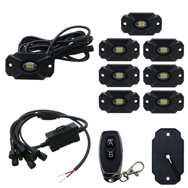 NEW - 8pc Ultra Bright White 10000 Lumen LED Rock Light Crawler Kit with Seven Fade and Strobe Patterns Race Sport Lighting